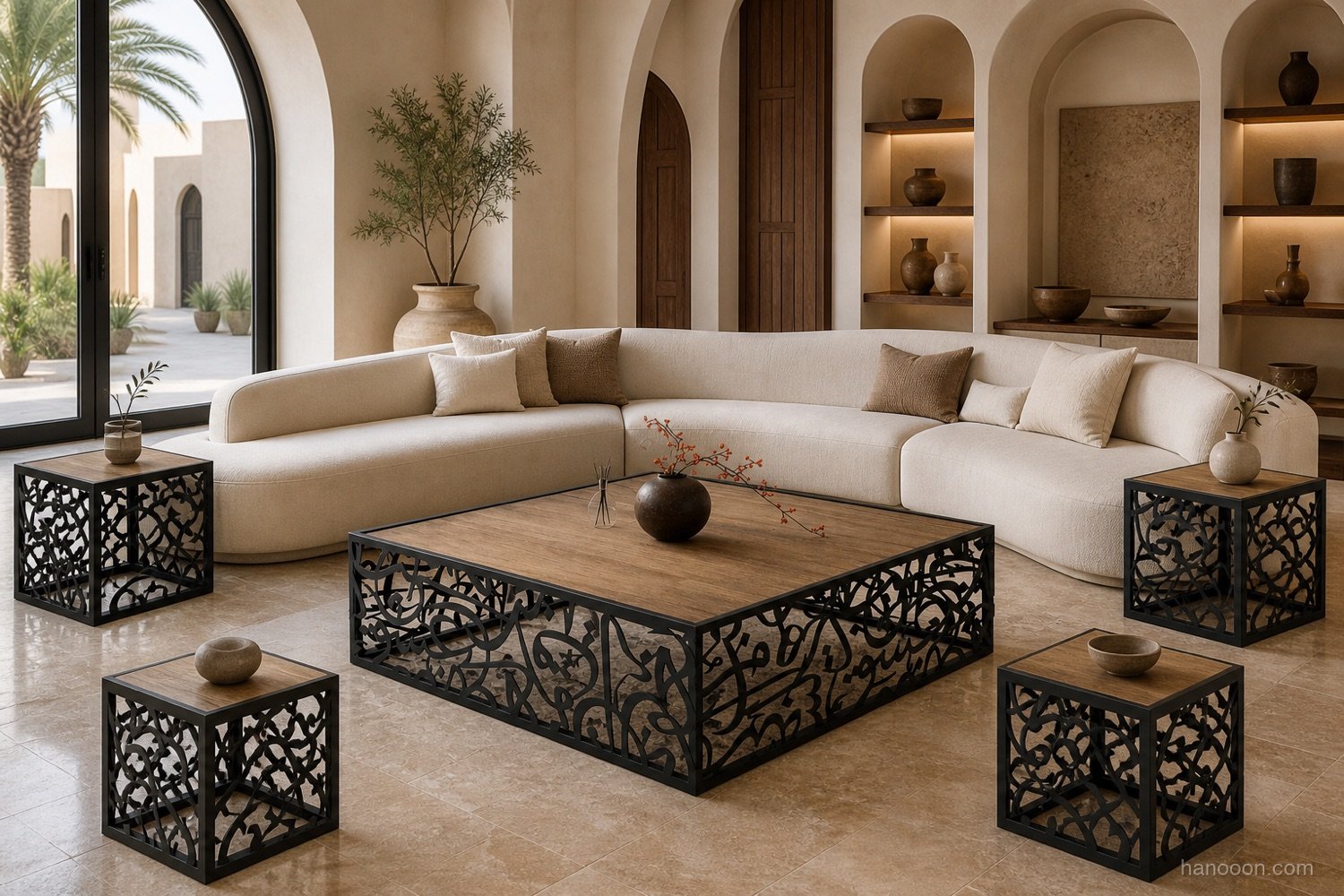 Arabisc Coffee Table — 5pc Set — Arabisc handcrafted metal and wood furniture, UAE