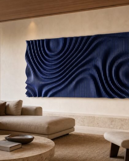 Navy Parametric 3D Wave Wall Sculpture — handcrafted in the UAE by Hanooon