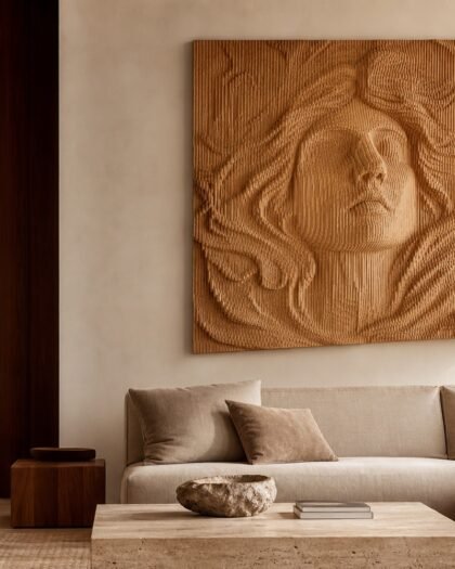 Natural Oak 3D Woman Portrait Wall Relief — handcrafted in the UAE by Hanooon