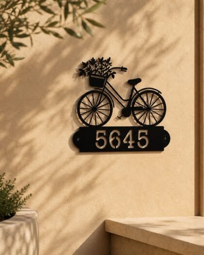 Custom House Number Plaque — Bicycle Design — handcrafted in the UAE by Hanooon