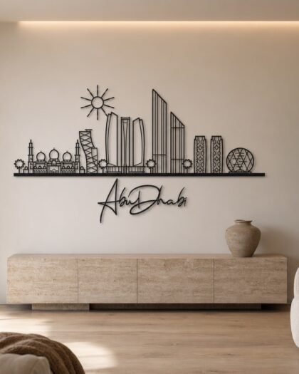 Abu Dhabi Panoramic Skyline — handcrafted metal wall art displayed in a premium UAE interior | Hanooon
