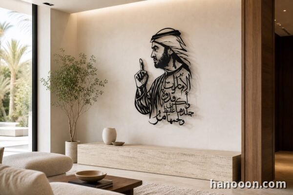 Sheikh Mohammed bin Zayed — Calligraphy Edition (Metal) — made to order wall art displayed in a premium UAE interior | Hanooon