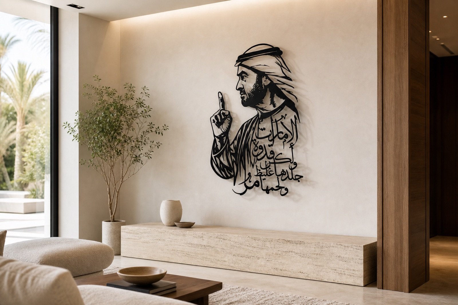 Sheikh Mohammed bin Zayed — Calligraphy Edition (Metal) — handcrafted wall art displayed in a premium UAE interior | Hanooon