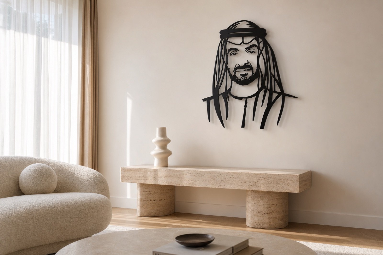 Sheikh Mohammed bin Zayed — Classic Portrait (Metal) — handcrafted wall art displayed in a premium UAE interior | Hanooon