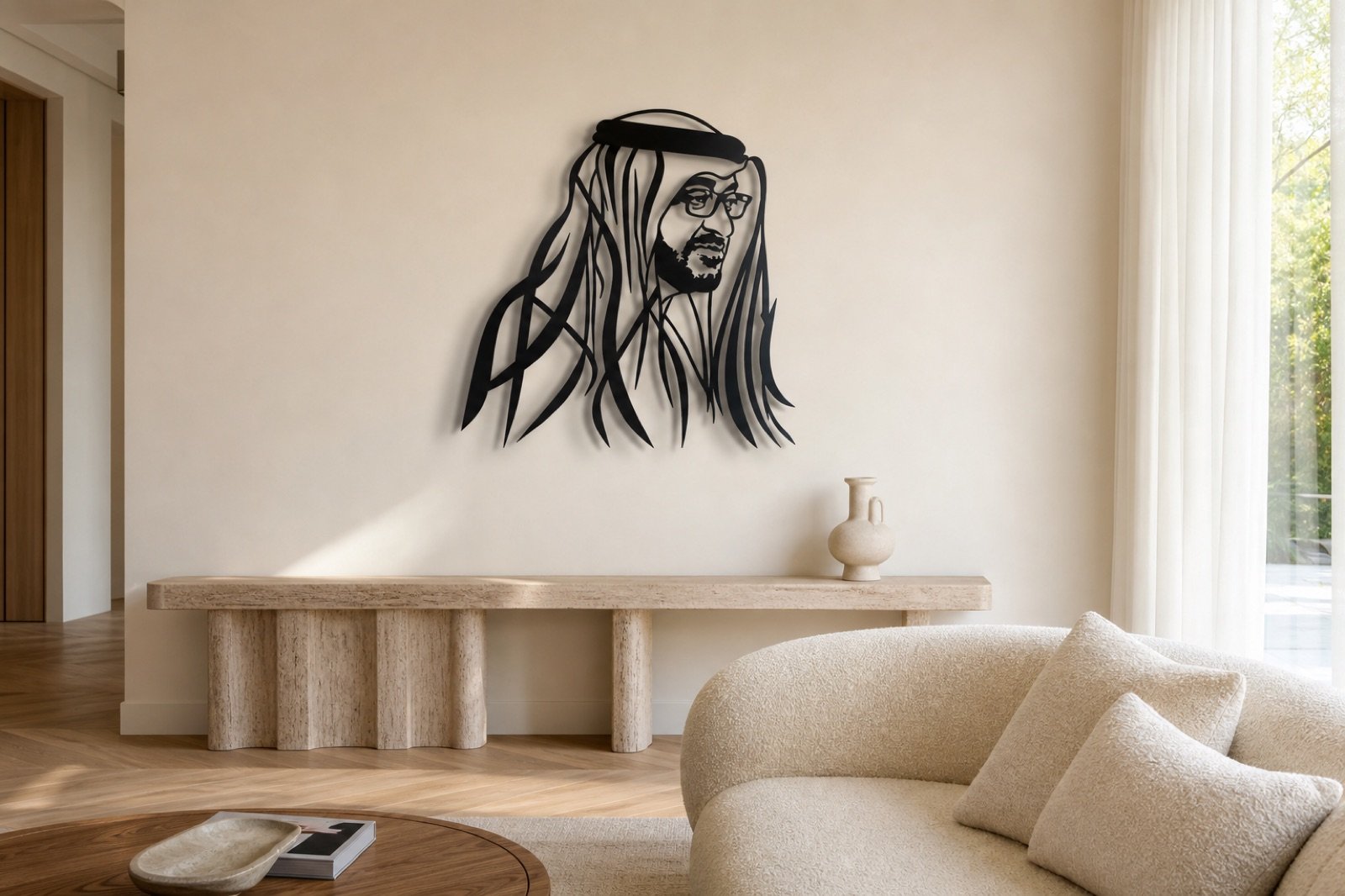 Sheikh Mohammed bin Zayed — Profile Edition (Metal) — handcrafted wall art displayed in a premium UAE interior | Hanooon