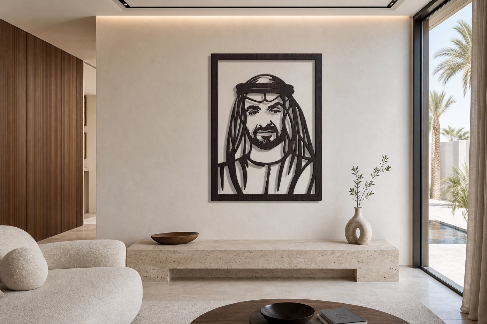 Sheikh Mohammed bin Zayed — Wood & Acrylic, Framed — handcrafted wall art displayed in a premium UAE interior | Hanooon