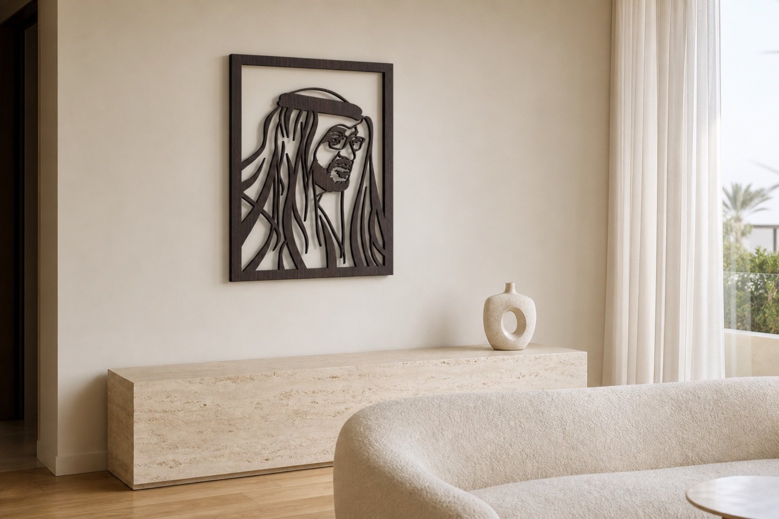 Sheikh Mohammed bin Zayed — Wood & Acrylic, Profile — handcrafted wall art displayed in a premium UAE interior | Hanooon