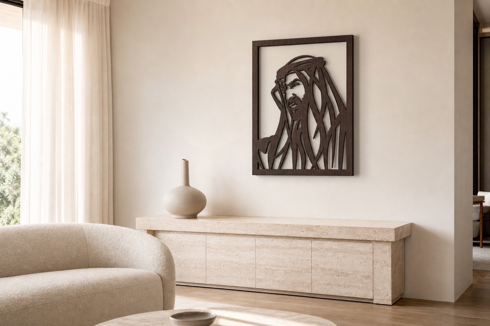 Sheikh Mohammed bin Zayed — Wood & Acrylic, Artistic — handcrafted wall art displayed in a premium UAE interior | Hanooon