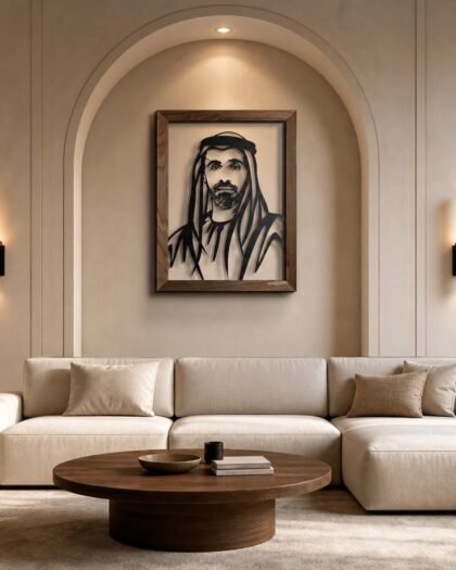 Sheikh Khaled bin Mohamed — Beech Wood Edition (Metal) — handcrafted metal wall art, UAE