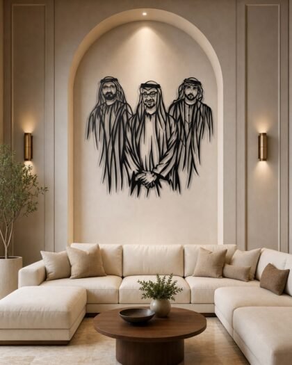 Sheikh Mohammed bin Zayed, bin Rashid & Hamdan — 2024 Standing Edition (Metal) — handcrafted metal wall art, UAE
