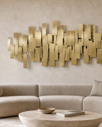 Abstract Layered Gold Metal Wall Sculpture — handcrafted metal wall art, UAE
