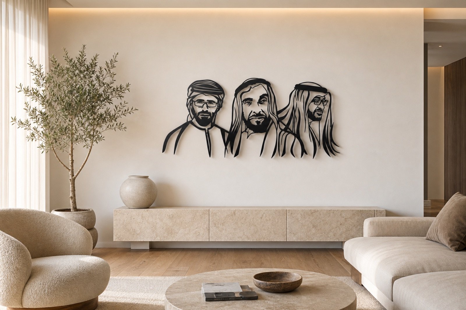 Sheikh Zayed, Mohammed & Khalid — Premium Metal — handcrafted metal wall art displayed in a premium UAE interior | Hanooon