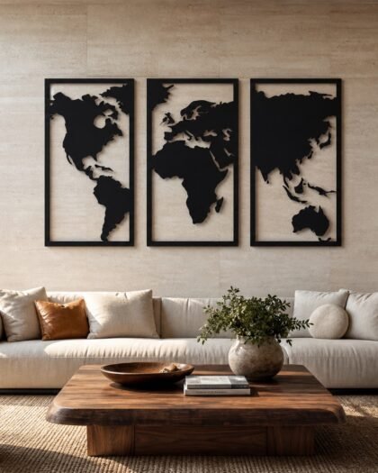 World Map Wall Art — 3pc Set (MPZN03) — handcrafted metal wall art, UAE