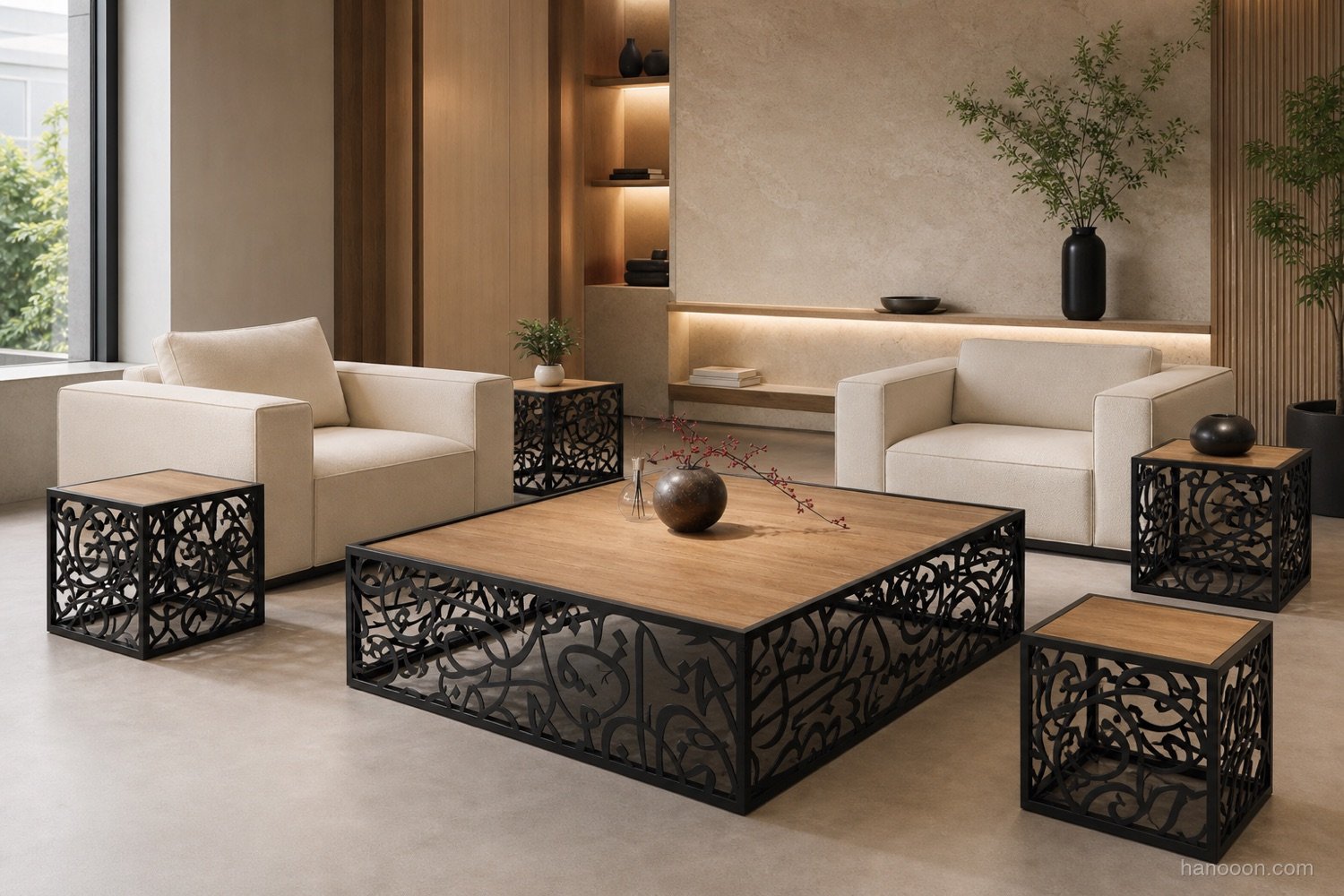 Arabisc Coffee Table — 5pc Set — Arabisc handcrafted metal and wood furniture, UAE