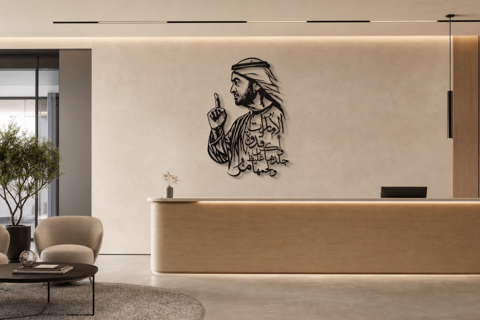 Sheikh Mohammed bin Zayed — Calligraphy Edition (Metal) — handcrafted wall art displayed in a premium UAE interior | Hanooon