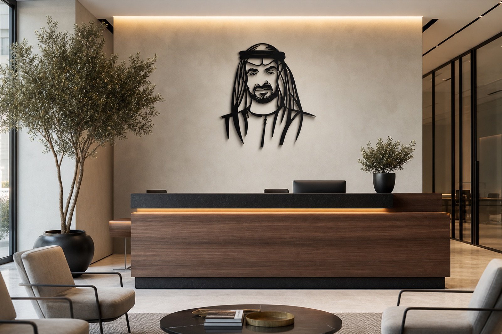 Sheikh Mohammed bin Zayed — Classic Portrait (Metal) — handcrafted wall art displayed in a premium UAE interior | Hanooon