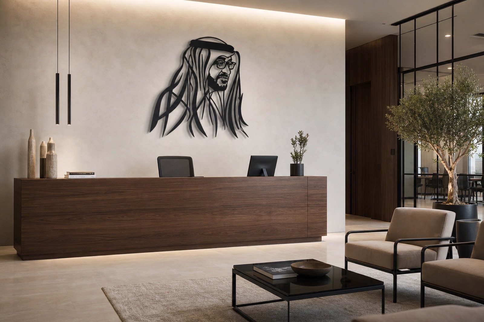 Sheikh Mohammed bin Zayed — Profile Edition (Metal) — handcrafted wall art displayed in a premium UAE interior | Hanooon