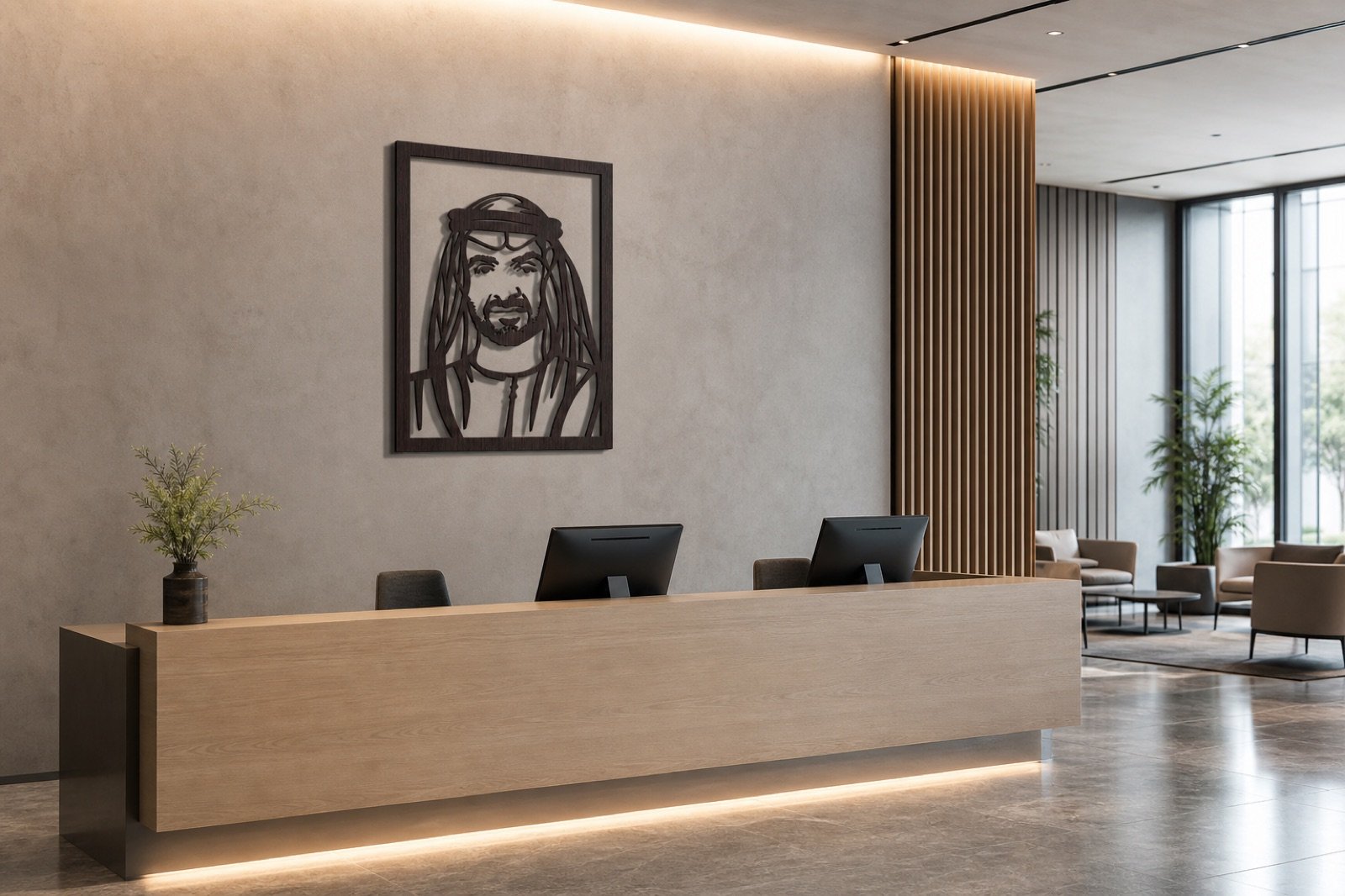 Sheikh Mohammed bin Zayed — Wood & Acrylic, Framed — handcrafted wall art displayed in a premium UAE interior | Hanooon