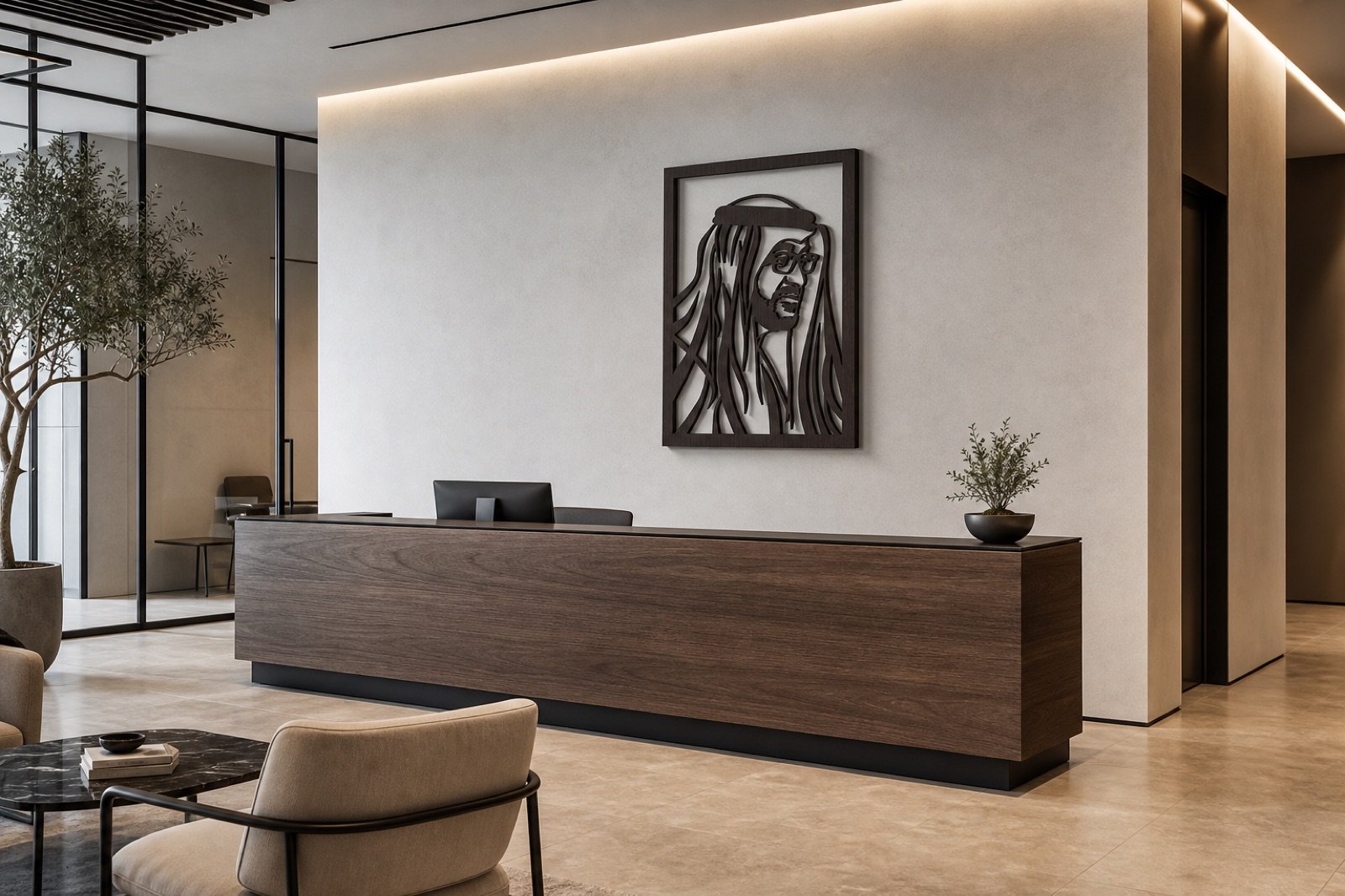 Sheikh Mohammed bin Zayed — Wood & Acrylic, Profile — handcrafted wall art displayed in a premium UAE interior | Hanooon