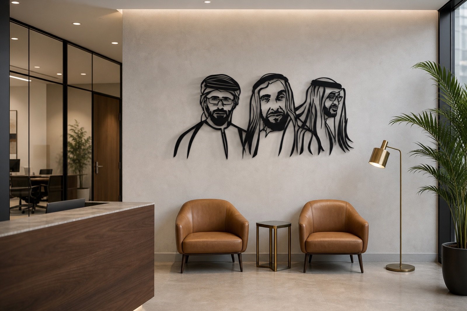 Sheikh Zayed, Mohammed & Khalid — Premium Metal — handcrafted metal wall art displayed in a premium UAE interior | Hanooon (view 2)