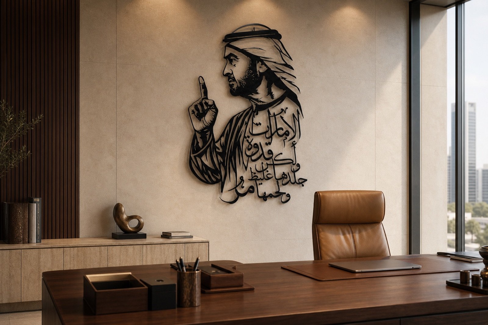 Sheikh Mohammed bin Zayed — Calligraphy Edition (Metal) — handcrafted wall art displayed in a premium UAE interior | Hanooon