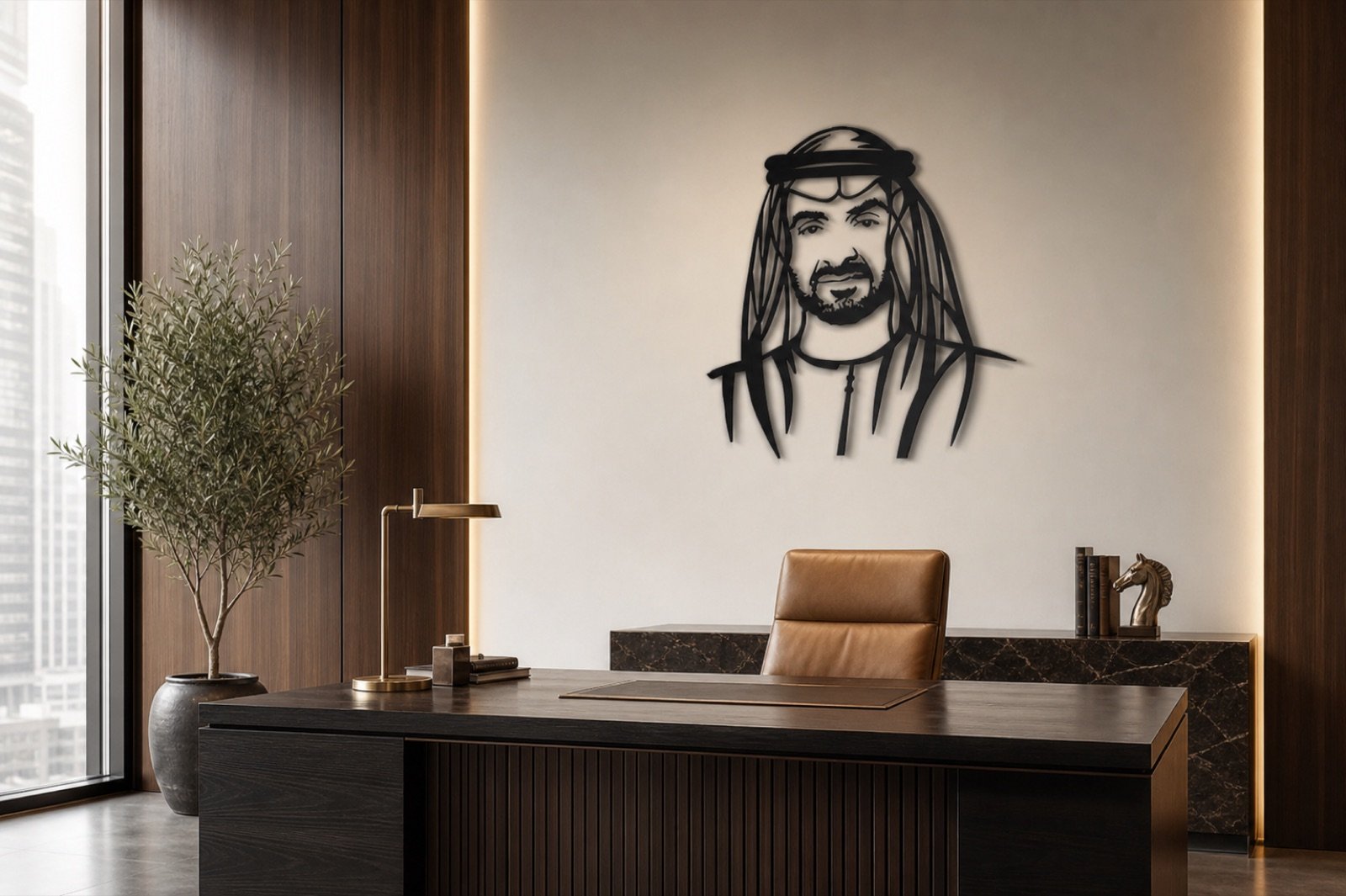 Sheikh Mohammed bin Zayed — Classic Portrait (Metal) — handcrafted wall art displayed in a premium UAE interior | Hanooon