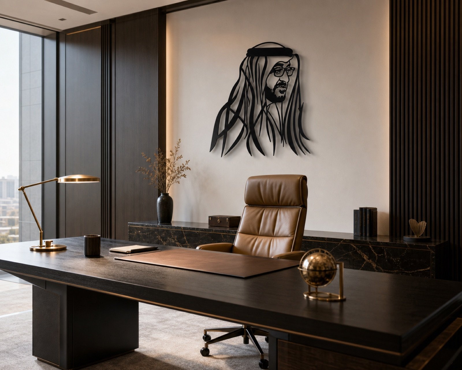 Sheikh Mohammed bin Zayed — Profile Edition (Metal) — handcrafted wall art displayed in a premium UAE interior | Hanooon