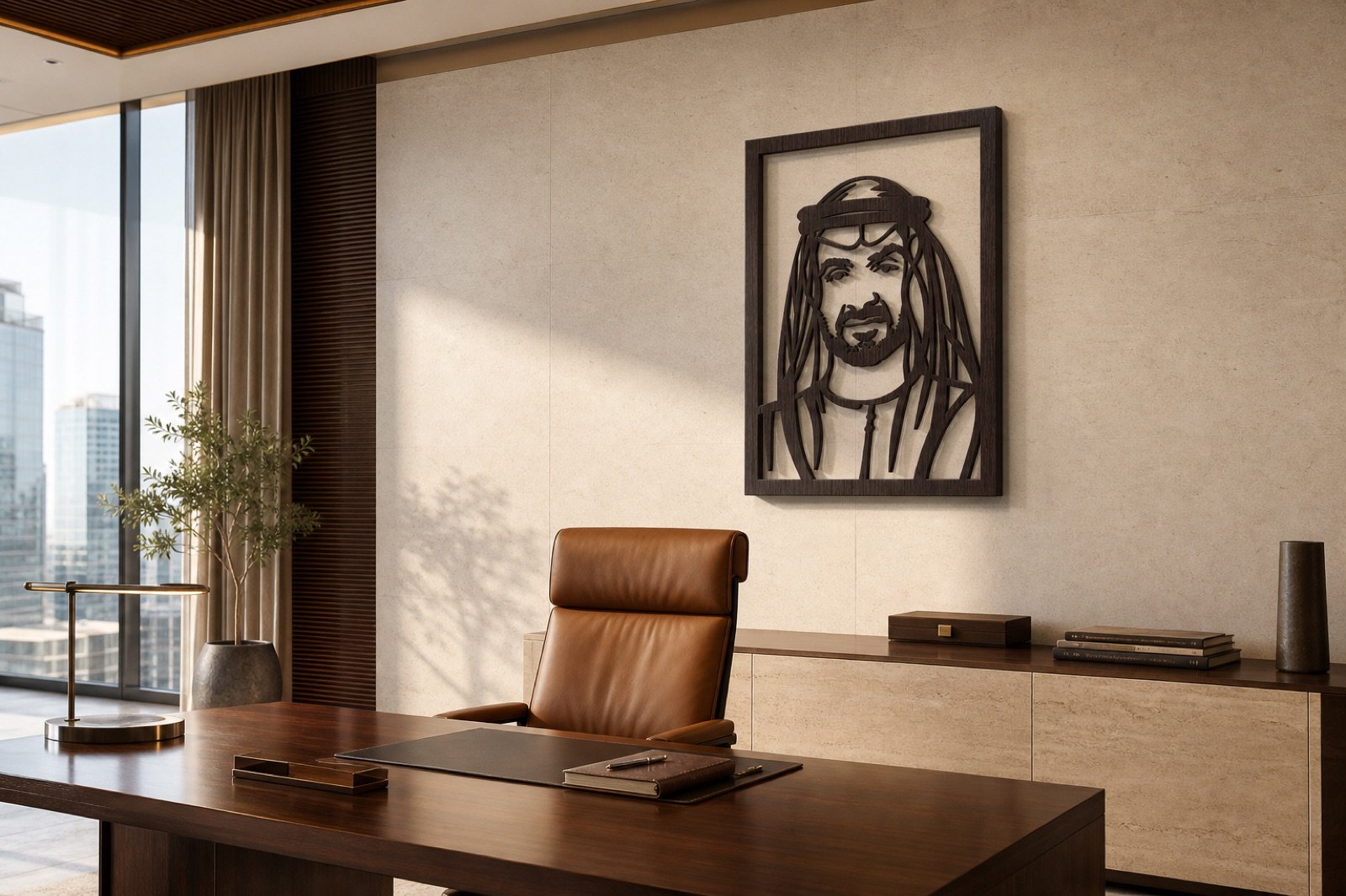 Sheikh Mohammed bin Zayed — Wood & Acrylic, Framed — handcrafted wall art displayed in a premium UAE interior | Hanooon