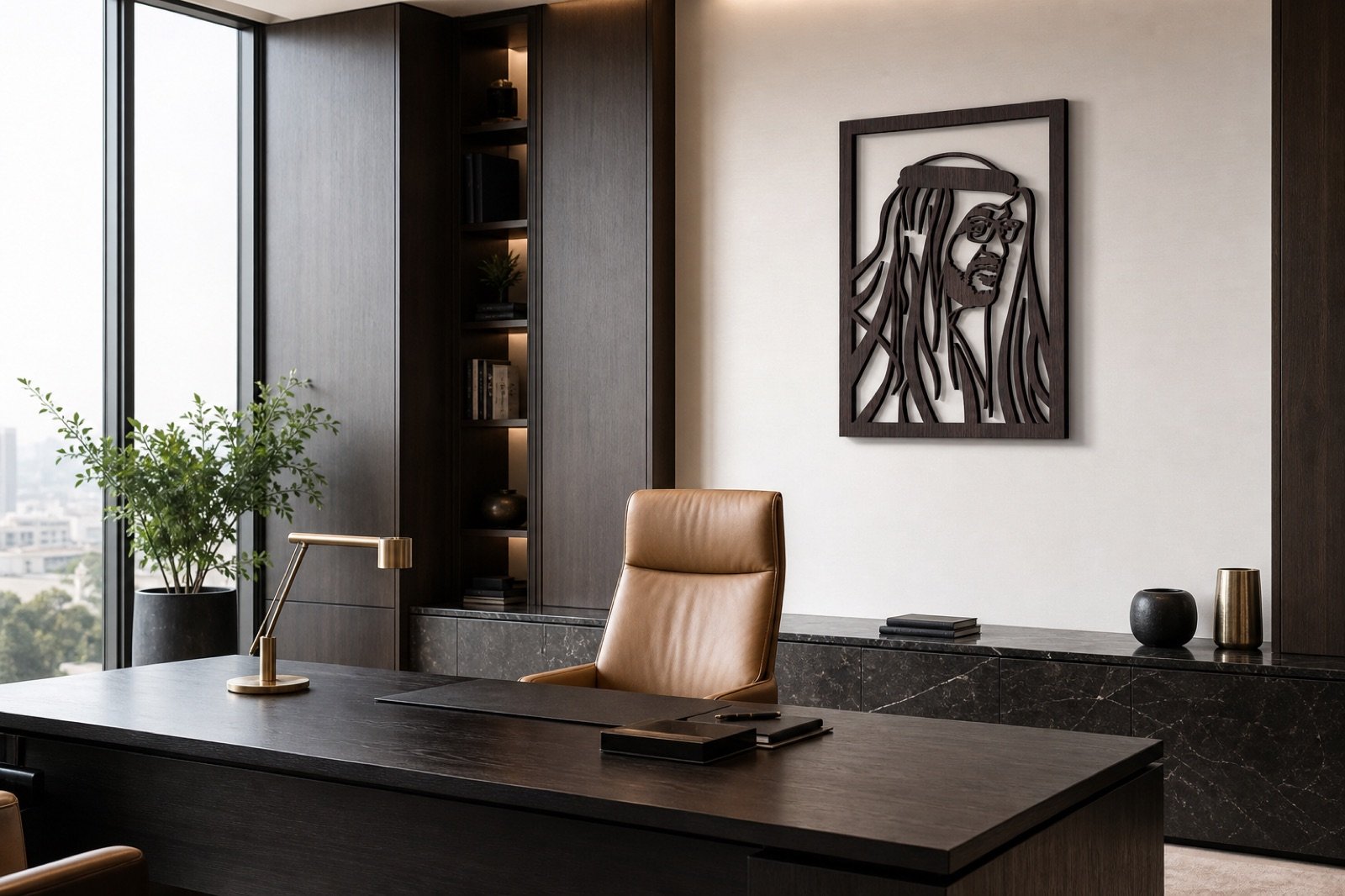 Sheikh Mohammed bin Zayed — Wood & Acrylic, Profile — handcrafted wall art displayed in a premium UAE interior | Hanooon