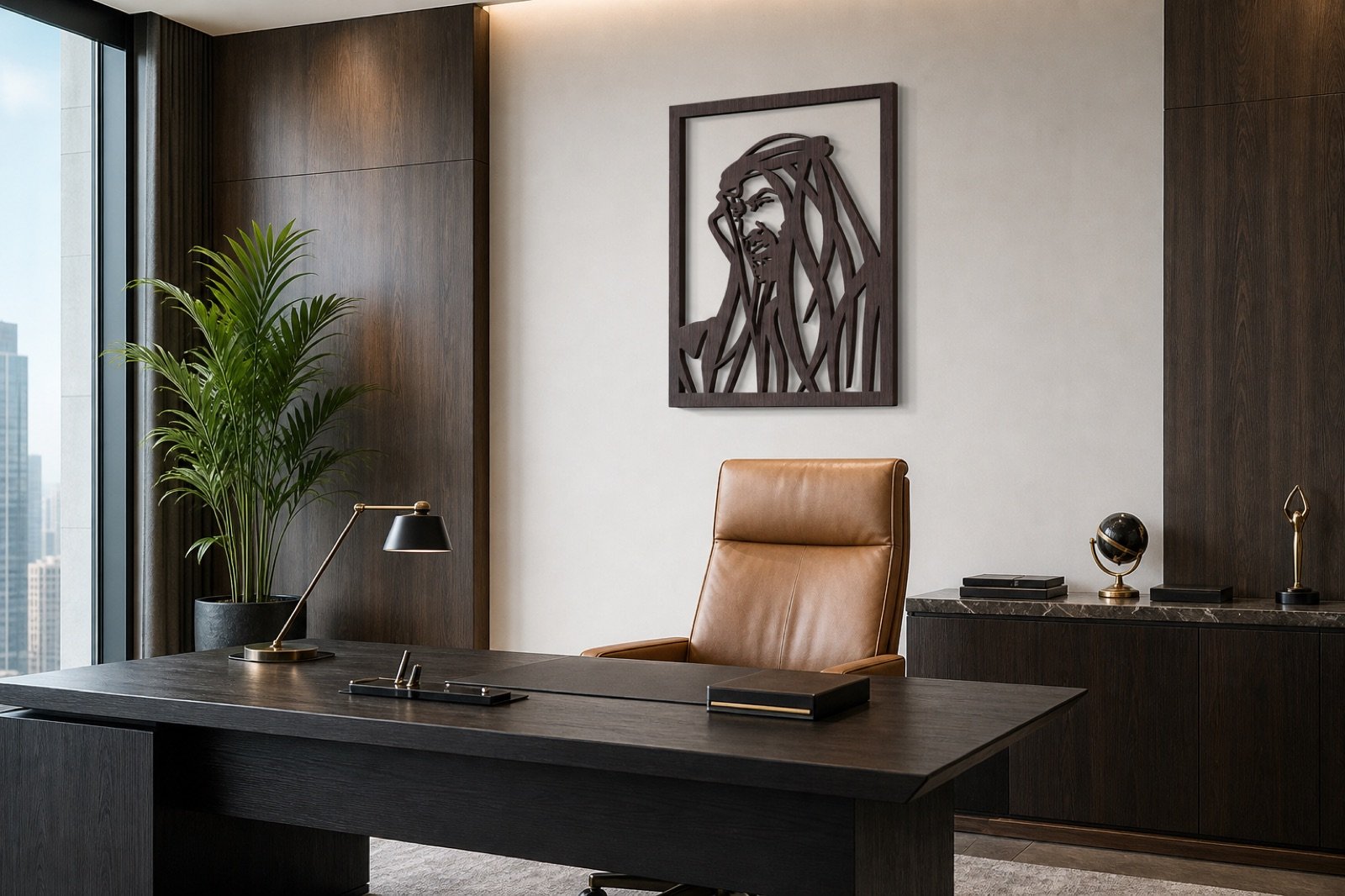 Sheikh Mohammed bin Zayed — Wood & Acrylic, Artistic — handcrafted wall art displayed in a premium UAE interior | Hanooon
