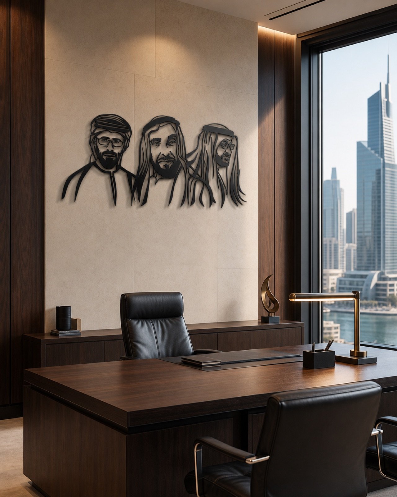 Sheikh Zayed, Mohammed & Khalid — Premium Metal — handcrafted metal wall art displayed in a premium UAE interior | Hanooon (view 3)