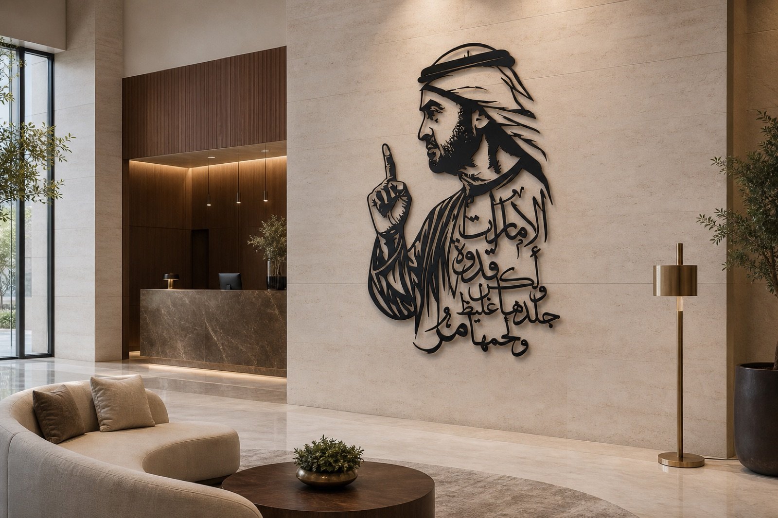 Sheikh Mohammed bin Zayed — Calligraphy Edition (Metal) — handcrafted wall art displayed in a premium UAE interior | Hanooon