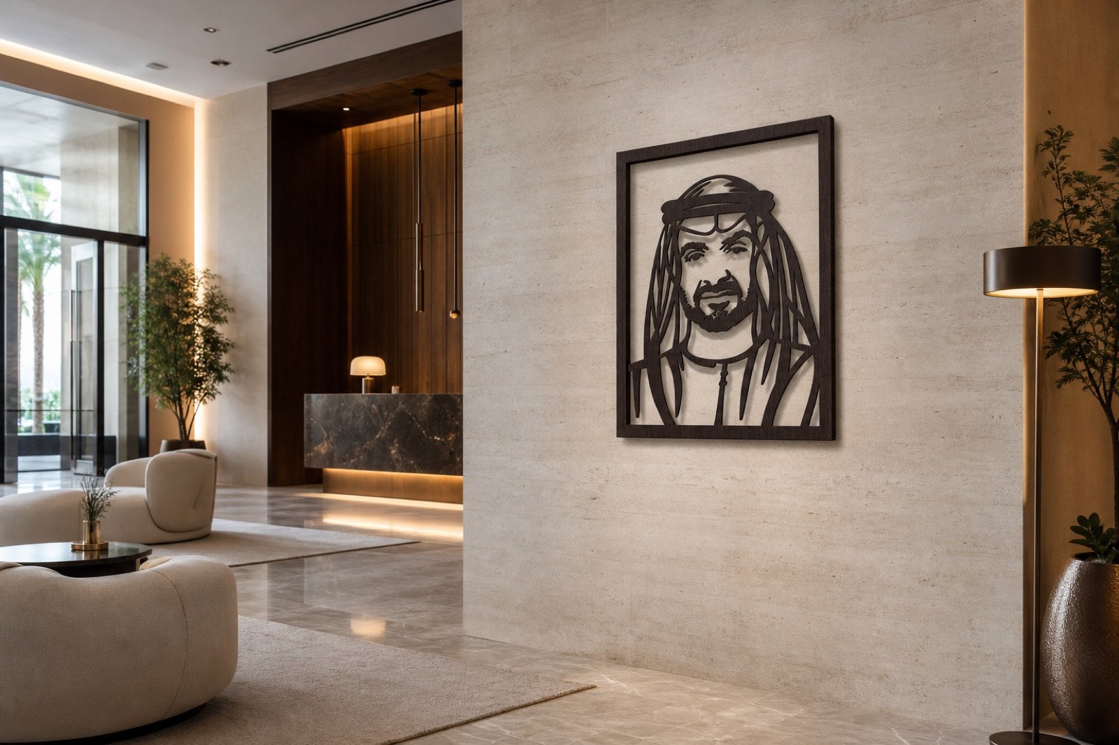 Sheikh Mohammed bin Zayed — Wood & Acrylic, Framed — handcrafted wall art displayed in a premium UAE interior | Hanooon