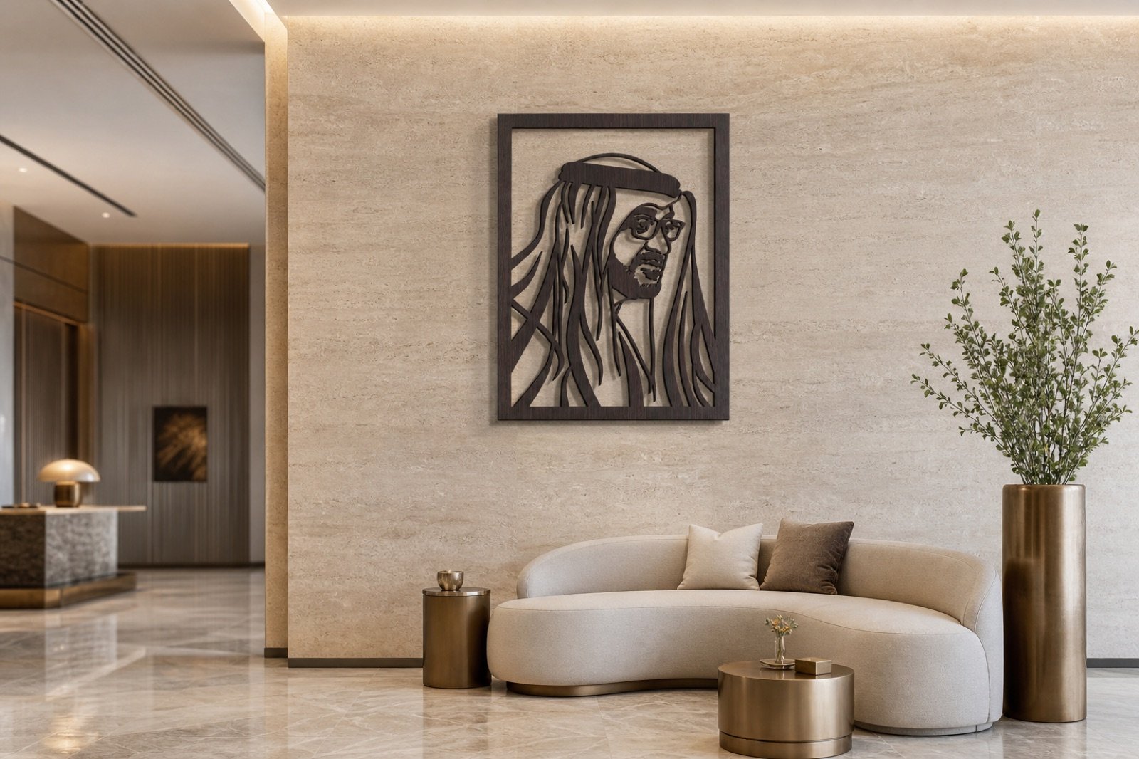 Sheikh Mohammed bin Zayed — Wood & Acrylic, Profile — handcrafted wall art displayed in a premium UAE interior | Hanooon