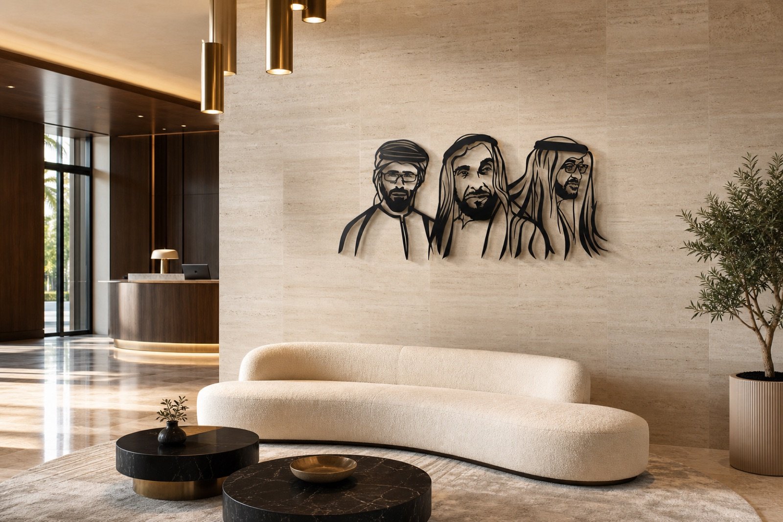 Sheikh Zayed, Mohammed & Khalid — Premium Metal — handcrafted metal wall art displayed in a premium UAE interior | Hanooon (view 4)