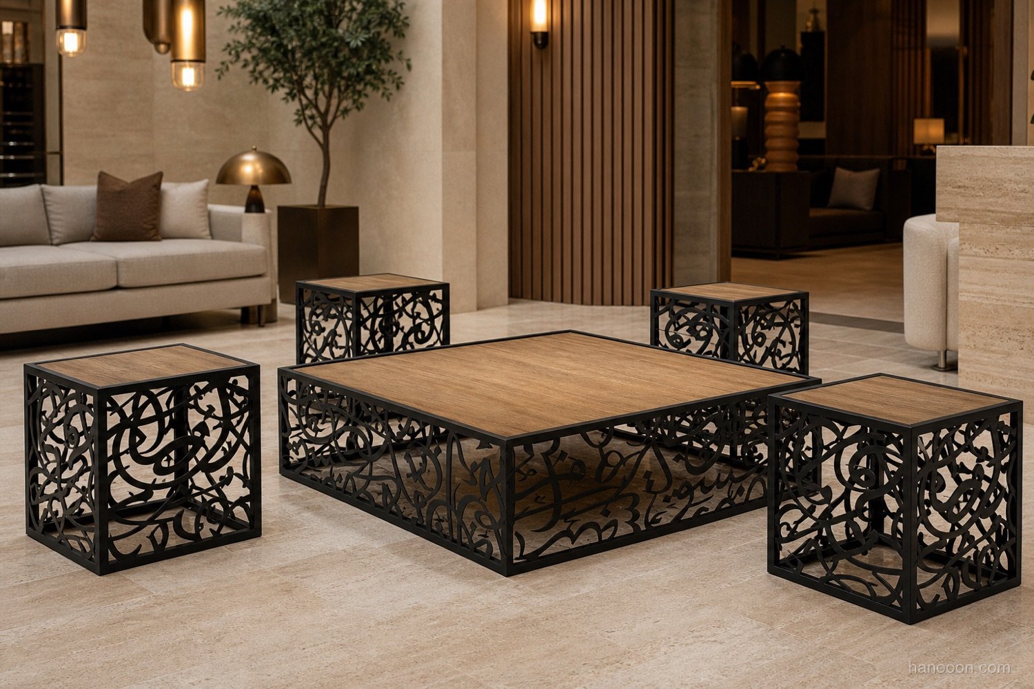 Arabisc Coffee Table — 5pc Set — Arabisc handcrafted metal and wood furniture, UAE
