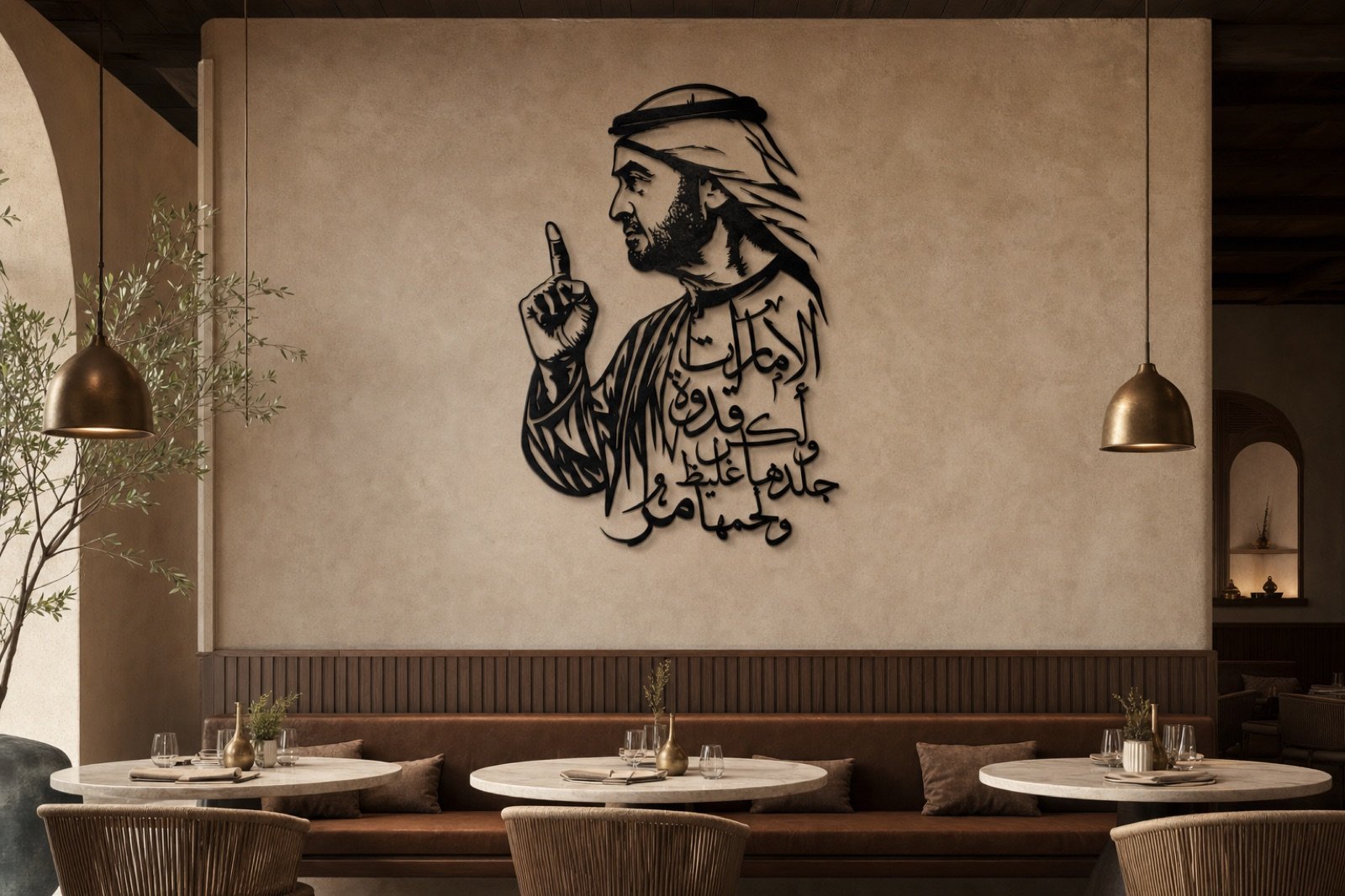 Sheikh Mohammed bin Zayed — Calligraphy Edition (Metal) — handcrafted wall art displayed in a premium UAE interior | Hanooon