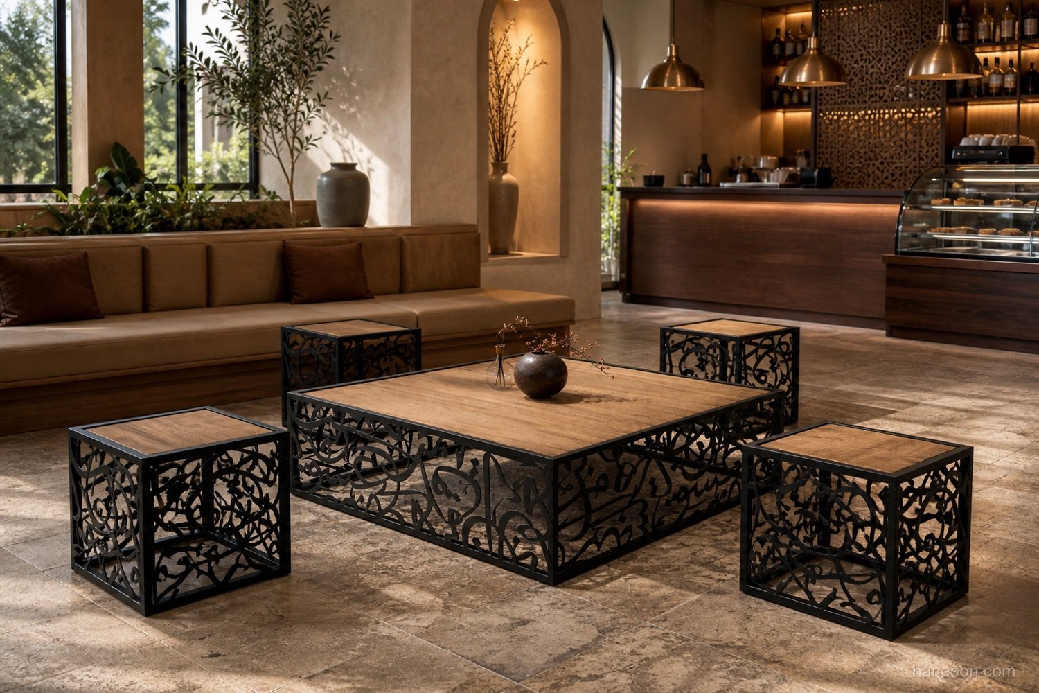 Arabisc Coffee Table — 5pc Set — Arabisc handcrafted metal and wood furniture, UAE