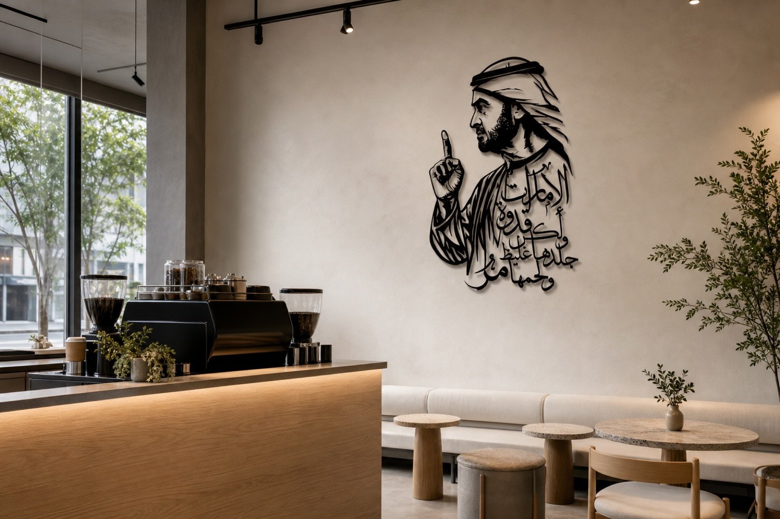 Sheikh Mohammed bin Zayed — Calligraphy Edition (Metal) — handcrafted wall art displayed in a premium UAE interior | Hanooon