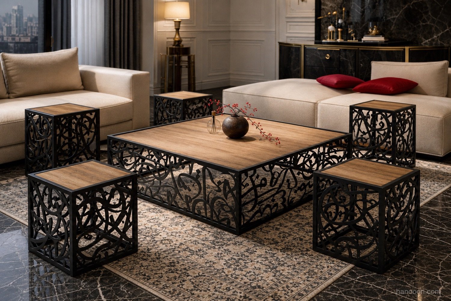 Arabisc Coffee Table — 5pc Set — Arabisc handcrafted metal and wood furniture, UAE