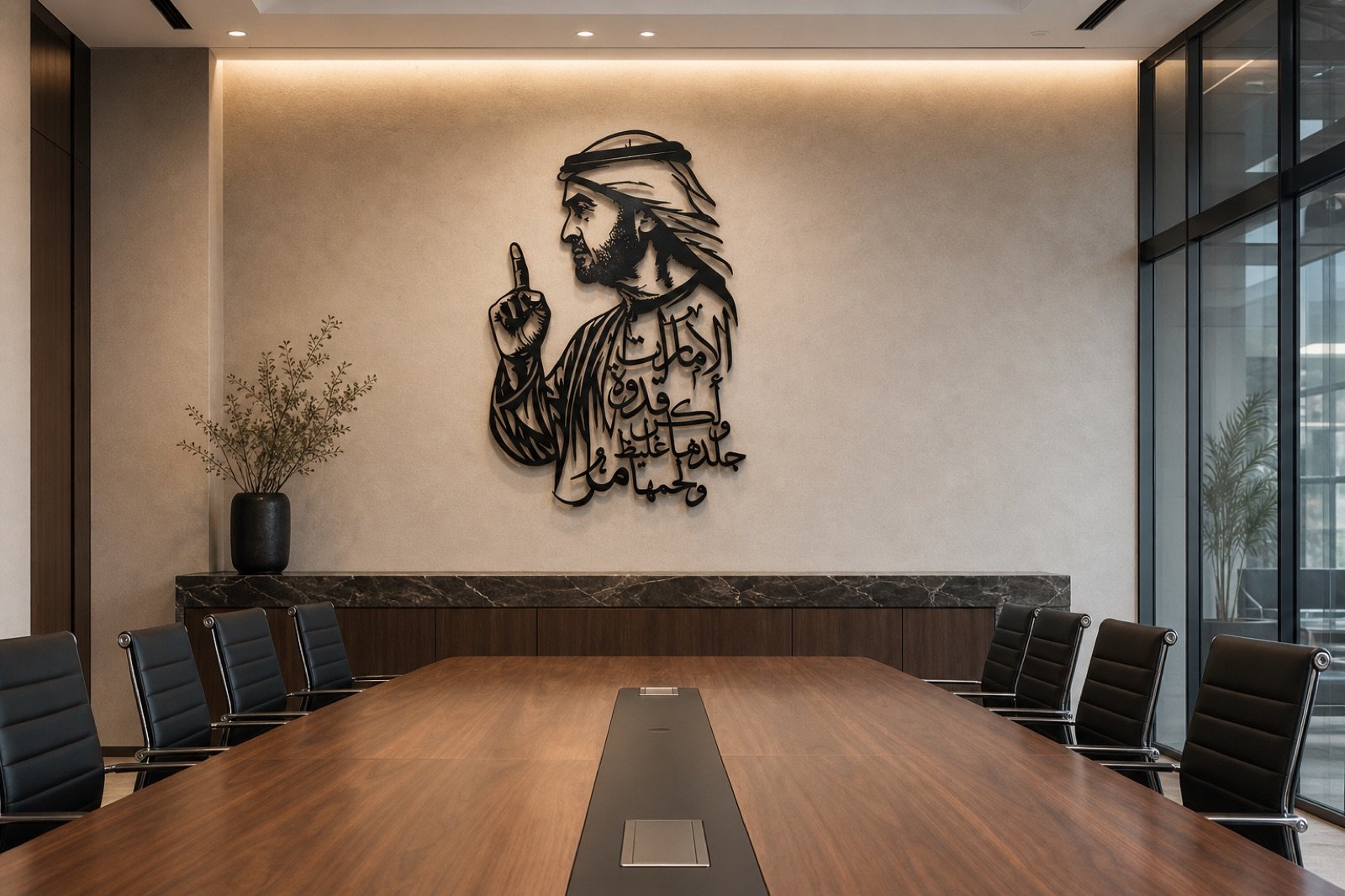 Sheikh Mohammed bin Zayed — Calligraphy Edition (Metal) — handcrafted wall art displayed in a premium UAE interior | Hanooon