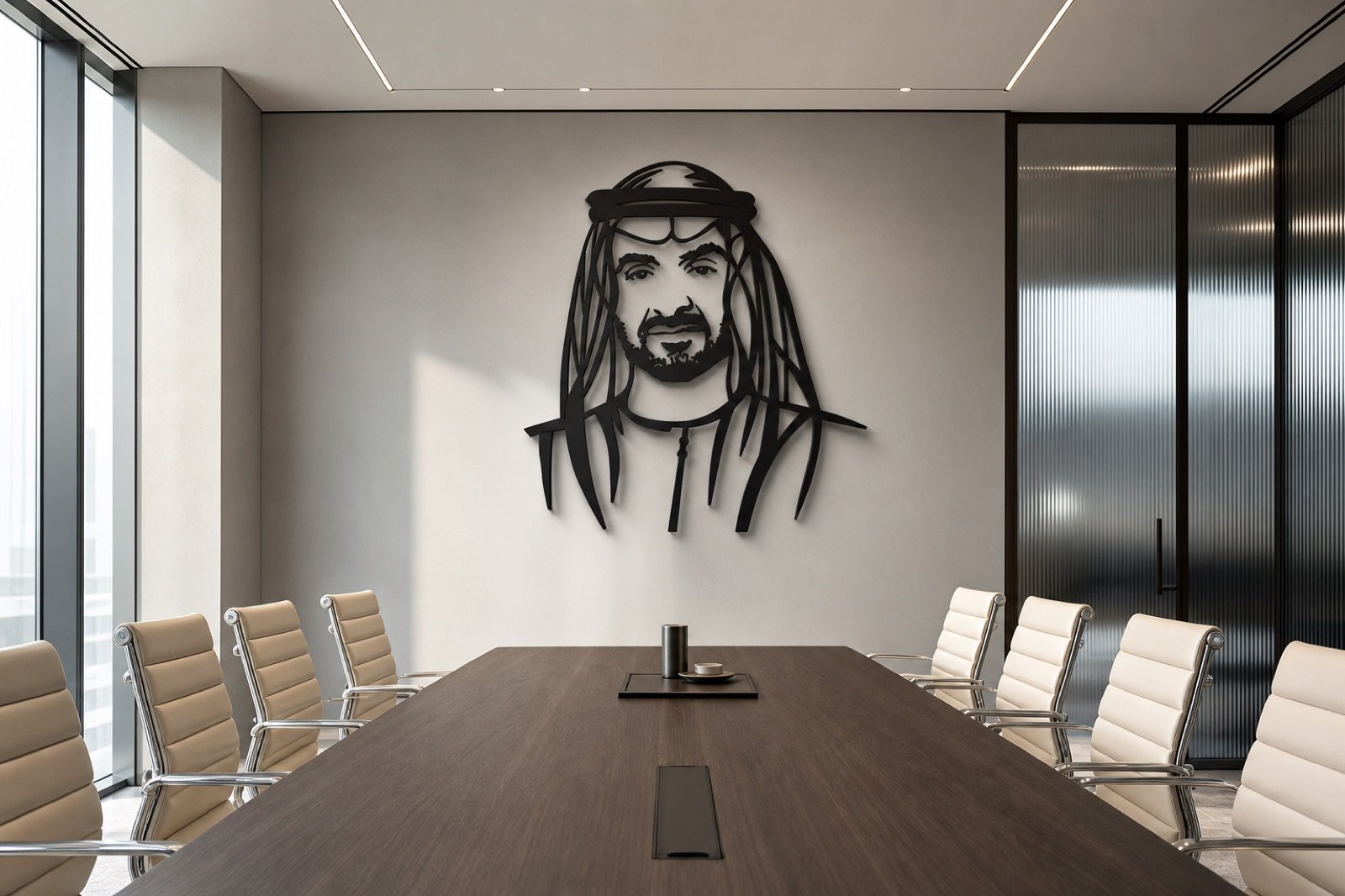 Sheikh Mohammed bin Zayed — Classic Portrait (Metal) — handcrafted wall art displayed in a premium UAE interior | Hanooon