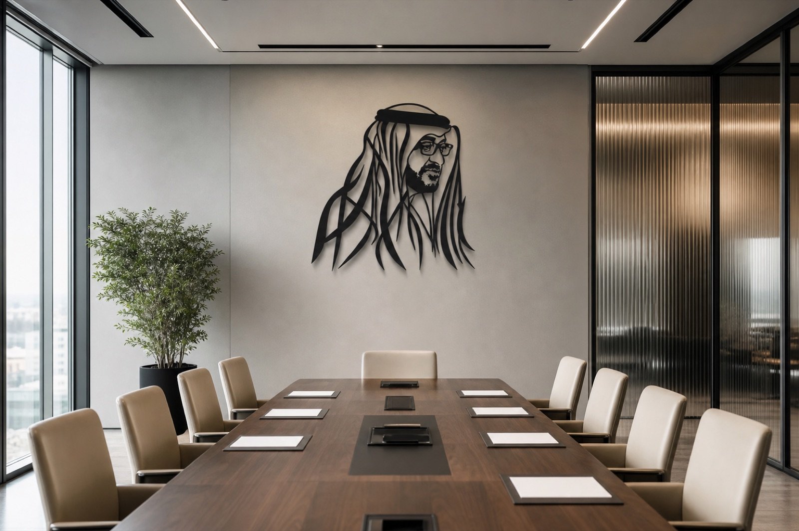 Sheikh Mohammed bin Zayed — Profile Edition (Metal) — handcrafted wall art displayed in a premium UAE interior | Hanooon