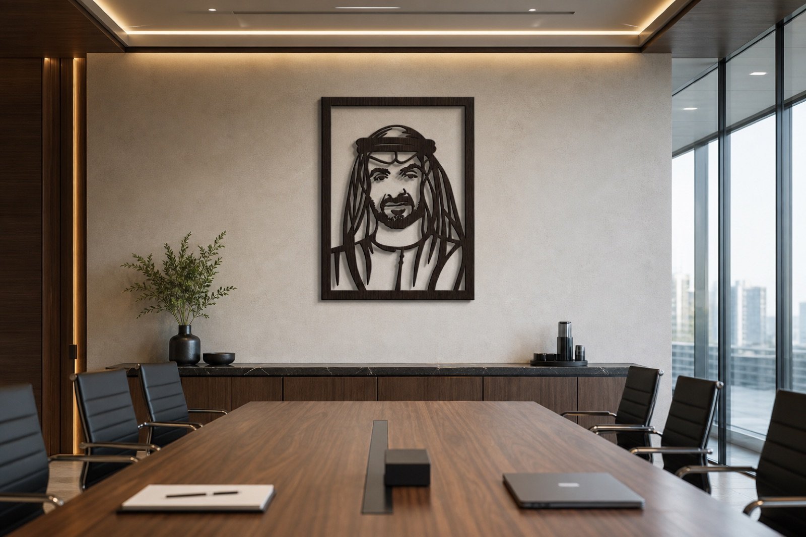 Sheikh Mohammed bin Zayed — Wood & Acrylic, Framed — handcrafted wall art displayed in a premium UAE interior | Hanooon