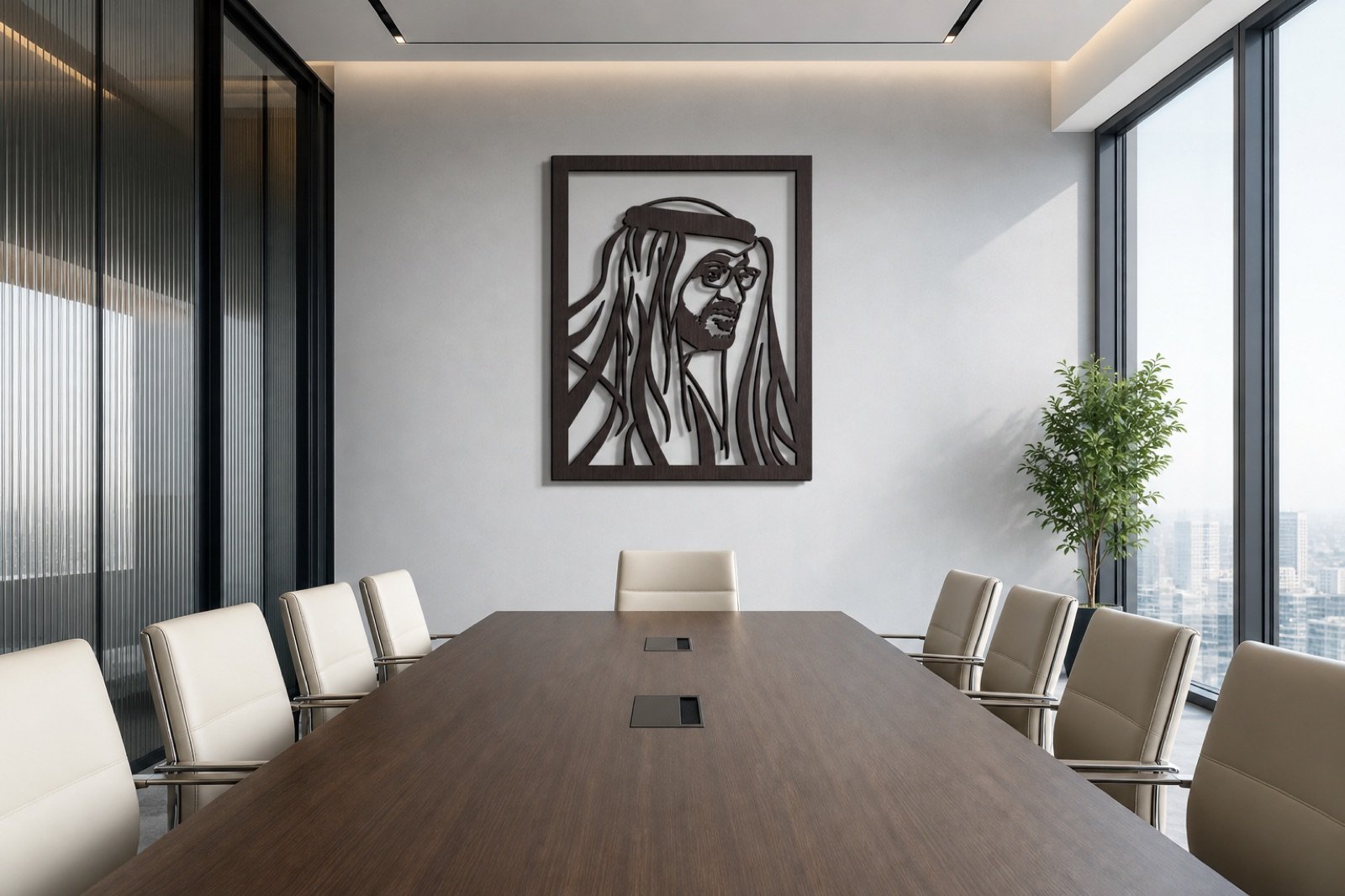 Sheikh Mohammed bin Zayed — Wood & Acrylic, Profile — handcrafted wall art displayed in a premium UAE interior | Hanooon