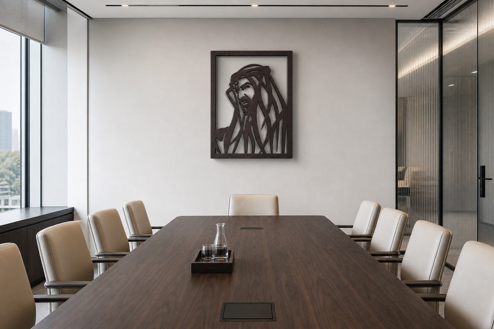Sheikh Mohammed bin Zayed — Wood & Acrylic, Artistic — handcrafted wall art displayed in a premium UAE interior | Hanooon