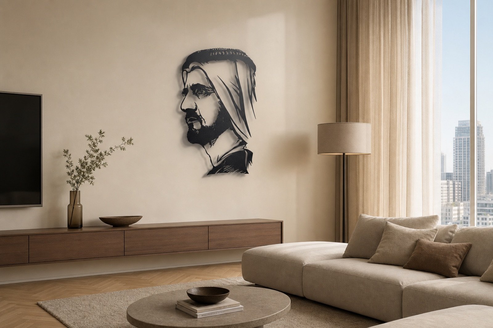 Sheikh Mohammed bin Rashid — Premium Metal — handcrafted wall art displayed in a premium UAE interior | Hanooon