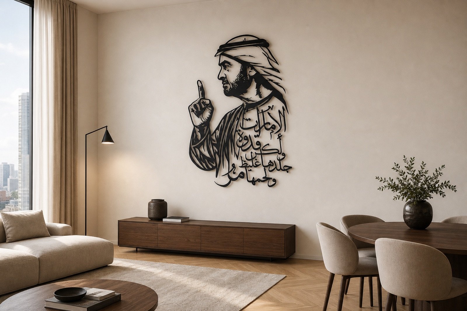Sheikh Mohammed bin Zayed — Calligraphy Edition (Metal) — handcrafted wall art displayed in a premium UAE interior | Hanooon