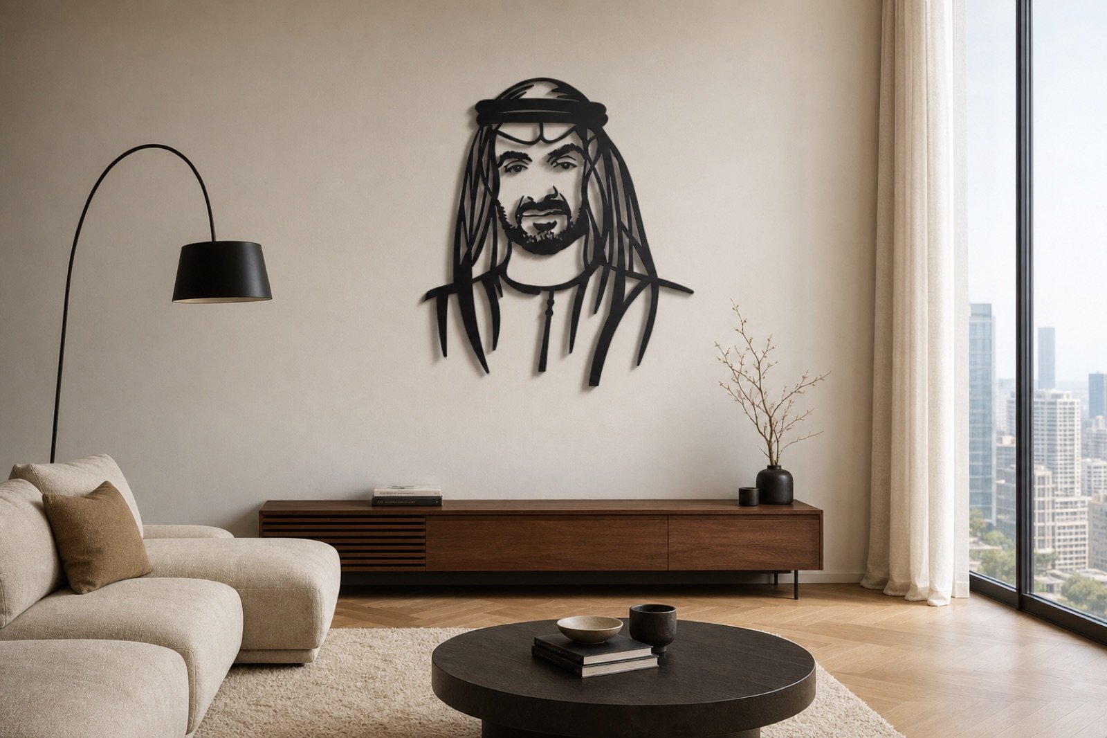 Sheikh Mohammed bin Zayed — Classic Portrait (Metal) — handcrafted wall art displayed in a premium UAE interior | Hanooon