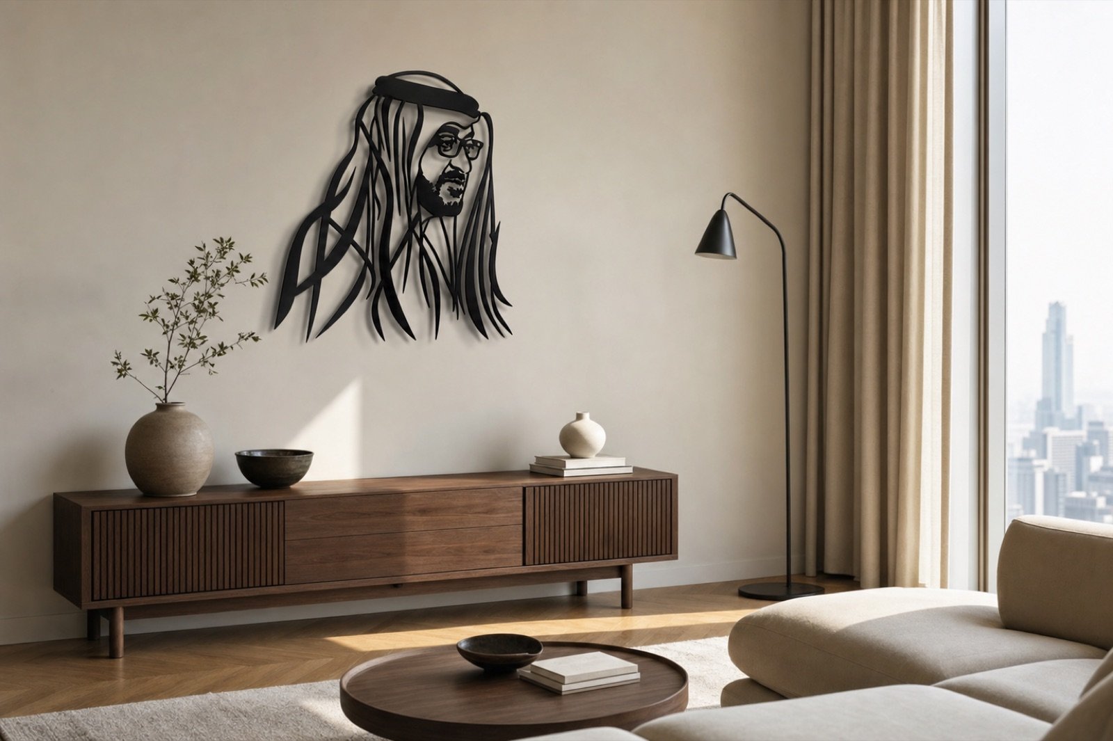 Sheikh Mohammed bin Zayed — Profile Edition (Metal) — handcrafted wall art displayed in a premium UAE interior | Hanooon